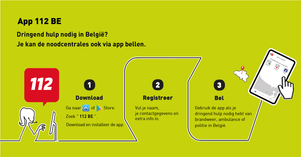 Infographic App 112: Download de app, registreer en bel.