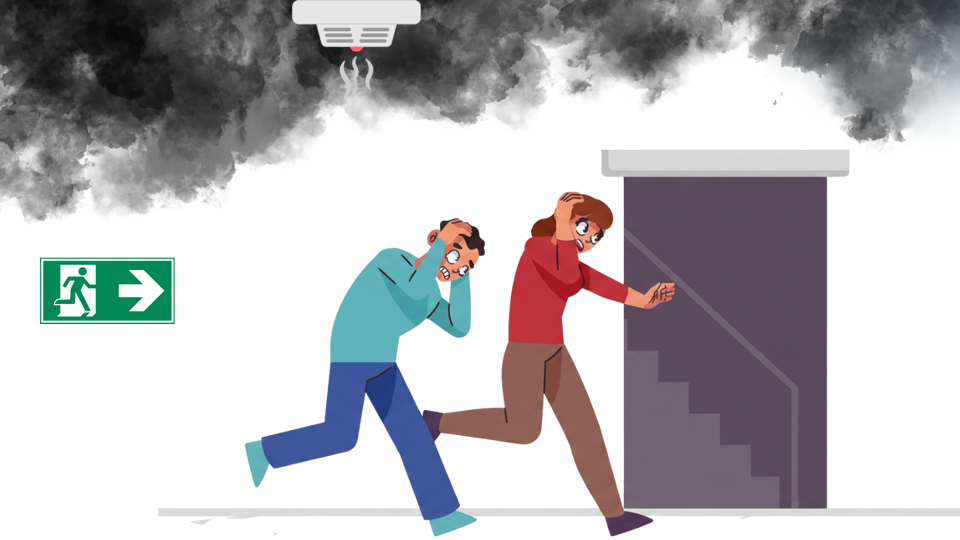 Een man en vrouw evacueren, ze lopen naar de trappenhal, er hangt rook aan het plafond en de rookmelder gaat af.