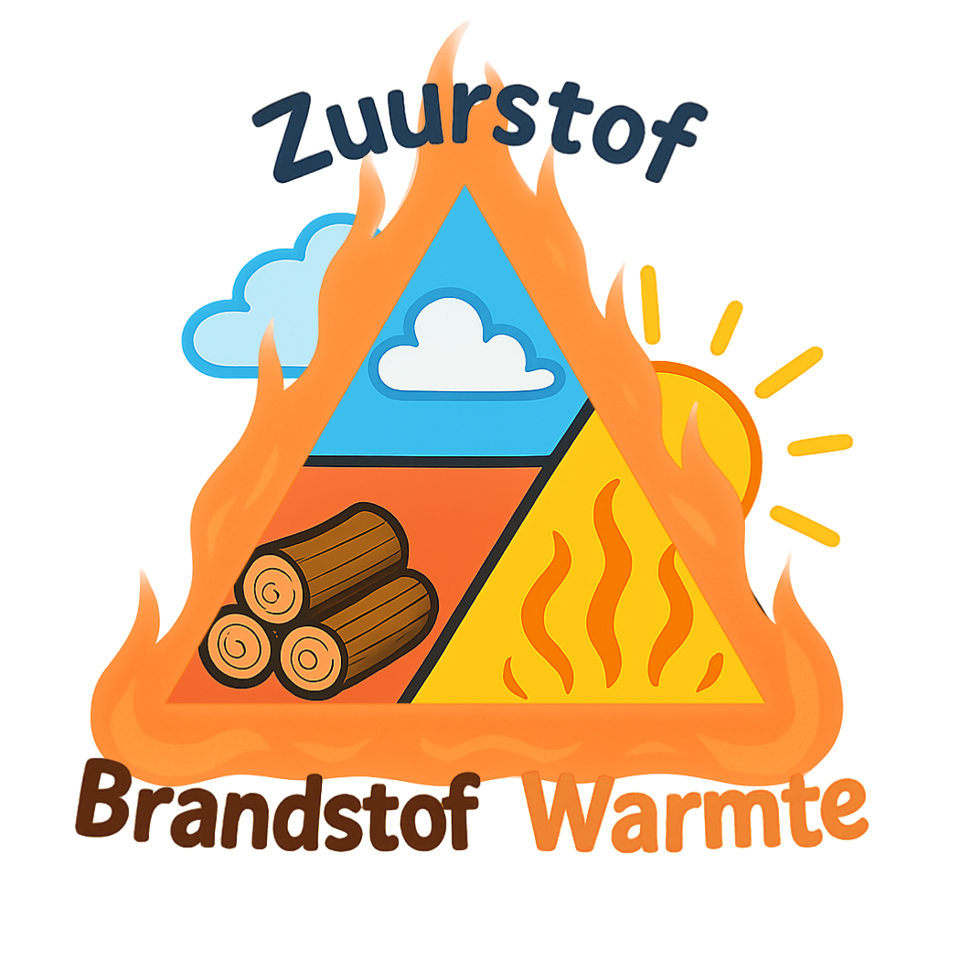 De vuurdriehoek voor kinderen: zuurstof wordt voorgesteld door een wolk, warmte door de zon en stralen e, brandstof door houtblokken. De driehoek staat in vlam.