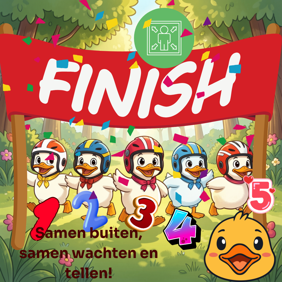 Finish. Samen buiten, samen wachten en tellen.